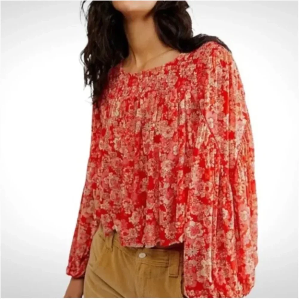 Free People Up for Anything Blouse in Cherry Combo Small - Picture 1 of 11